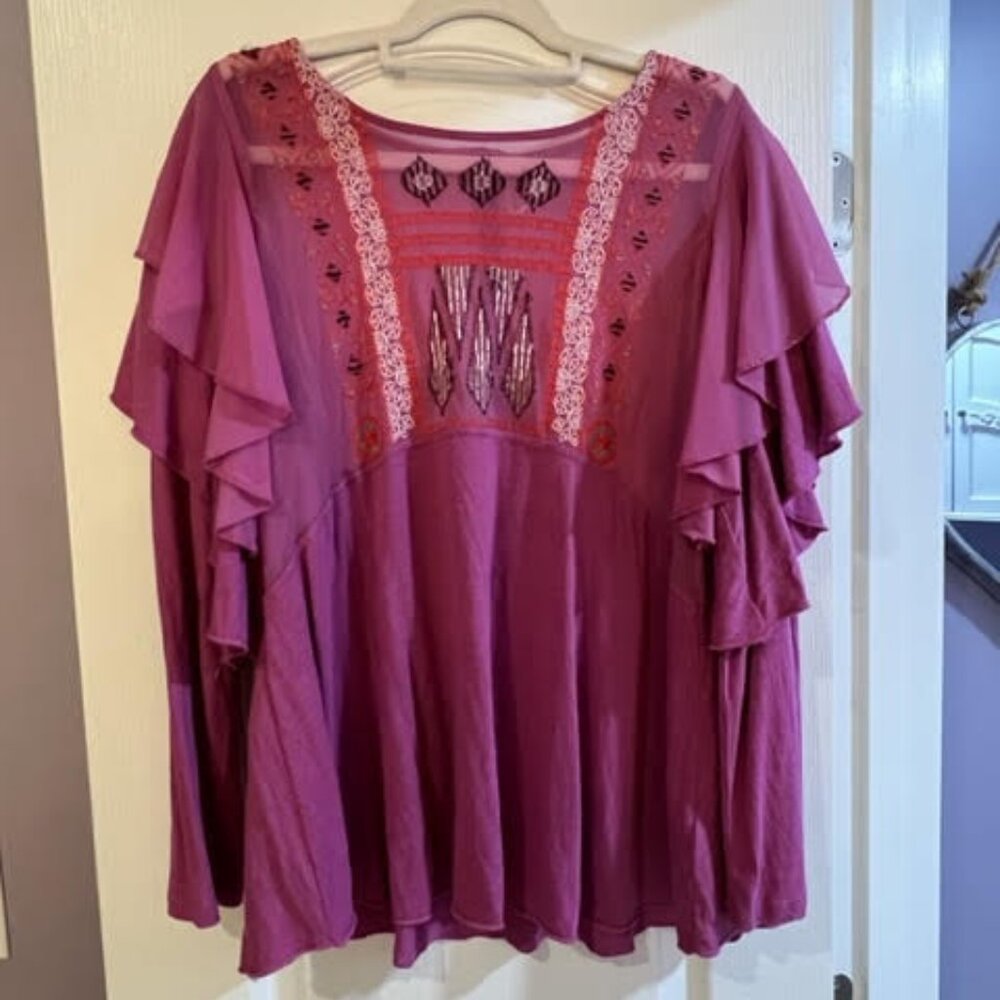 Free People Embroidered Ruffle Shoulder Top